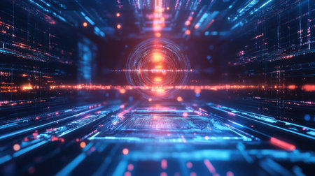 Experience a futuristic digital tunnel filled with glowing lights and vibrant data streams. This abstract background captures technology's essence and innovation.の素材