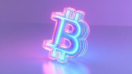 A sleek and vibrant neon Bitcoin symbol shines against a soft abstract background, representing the future of digital finance and technology trends.の素材