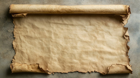 An aged parchment scroll featuring torn edges resting on a textured background. Perfect for historical themes, creative projects, or artistic designs.の素材