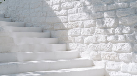 Bright white stairs ascend next to a textured stone wall, casting soft shadows. This image showcases architectural beauty and simplicity in a serene outdoor space.の素材