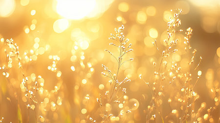 A serene sunlit meadow showcases delicate grass against a soft golden bokeh backdrop. This image evokes warmth and tranquility in a natural setting.の素材