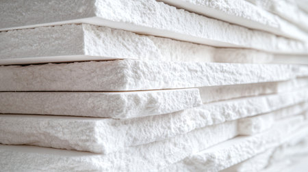 This image showcases a neatly stacked arrangement of textured white stones, highlighting the natural beauty and unique features of each piece in a modern setting.の素材