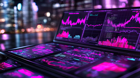A stunning view of a futuristic laptop showcasing vibrant data visualizations. This urban night scene reflects advanced analytics and technology in business.の素材