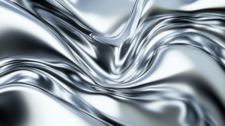 This image features a silver metallic fabric with smooth waves and a subtle shine, creating an abstract and elegant aesthetic ideal for various design projects.の素材
