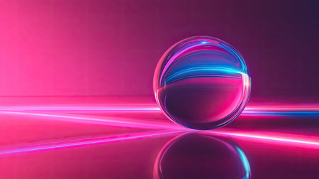 A captivating abstract image featuring a glass sphere illuminated by vibrant neon lights. The reflections create a stunning visual effect on a smooth surface, perfect for artistic projects.の素材