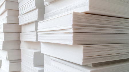 A close-up view of neatly stacked white paper sheets, showcasing texture and details in a well-lit environment. Ideal for office and workspace themes.の素材