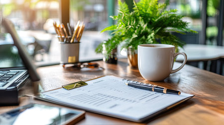 A serene workspace featuring a coffee cup, lush green plant, and clipboard on a wooden desk. Ideal for showcasing productivity and comfort in a modern environment.の素材