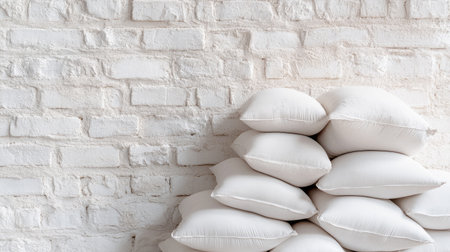 A visually appealing arrangement of soft white cushions stacked neatly against a textured white brick wall, creating a serene and minimalist atmosphere for interior design inspiration.の素材