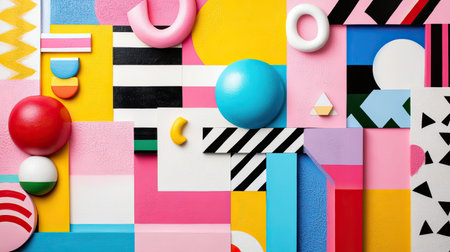 An engaging abstract artwork featuring a mix of colorful geometric shapes and patterns. The vibrant colors and unique design elements create a visually striking composition ideal for modern decor or creative projects.の素材