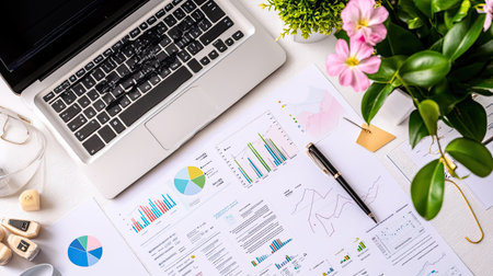A modern workspace featuring a laptop, colorful charts, and decorative plants. Ideal for illustrating data analysis, business strategy, and productivity.の素材