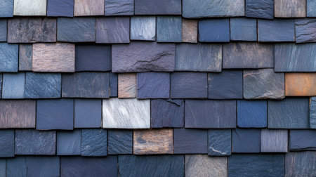 Close-up view of textured slate tiles in varying shades, featuring a unique arrangement that offers a rustic yet modern aesthetic for architectural projects.の素材
