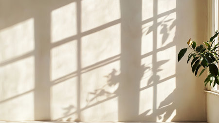 Experience the tranquil beauty of natural light casting soft shadows on a white wall. A minimalistic interior with a touch of greenery creates a serene atmosphere.の素材