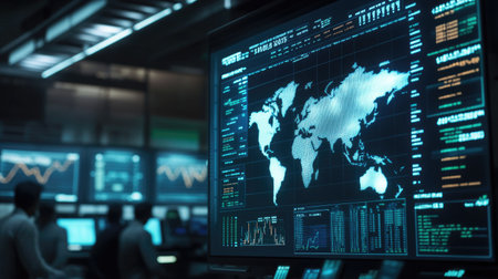 A detailed digital world map displayed on a financial trading screen, showcasing data and graphs in a high-tech environment. Ideal for finance themes.の素材