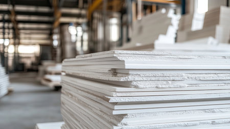 Stacked white panels in a spacious industrial warehouse highlight a clean and organized workspace. The bright environment emphasizes material storage for construction projects.の素材