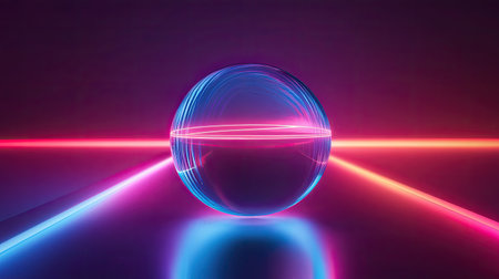 This image features a glowing neon sphere sitting amidst vibrant light beams in a dark setting, creating a mesmerizing and modern atmosphere perfect for artistic projects.の素材