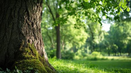 A captivating image showcasing a majestic tree trunk enveloped by vibrant green foliage and lush grass, illustrating the beauty of nature's serenity in an outdoor setting.の素材