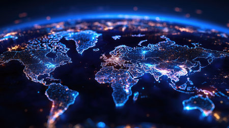 Stunning aerial view of the Earth at night, showcasing illuminated cities and bright oceans. This digital artwork represents global connectivity and technological advancement.の素材