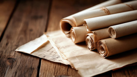 A collection of vintage rolled paper scrolls resting on a rustic wooden surface, complemented by old letters, perfect for themes of history and creativity.の素材