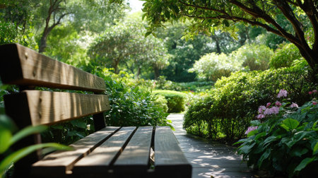 A peaceful garden path featuring a wooden bench surrounded by lush greenery and blooming flowers. Perfect for relaxation, nature walks, and tranquil moments.の素材