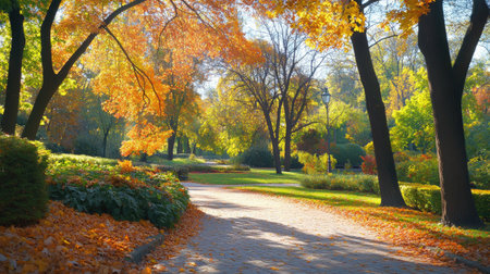 A peaceful autumn scene in a city park featuring vibrant foliage and a sunlit pathway. This picturesque setting is perfect for nature lovers and outdoor enthusiasts.の素材