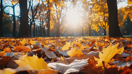 A vibrant scene showcasing a blanket of orange and yellow leaves on the ground, illuminated by soft sunlight filtering through tall trees in a serene park setting.の素材