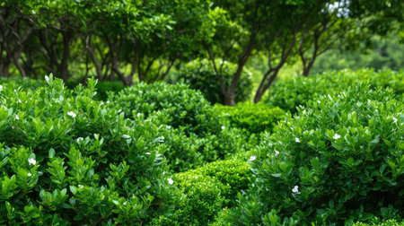 Experience the serenity of a vibrant garden filled with lush greenery and flowering shrubs, surrounded by soft sunlight filtering through the dense trees.の素材
