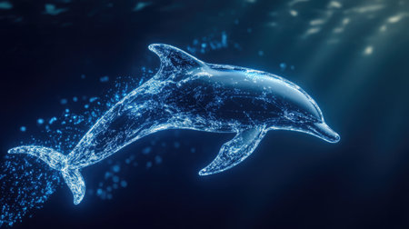 A mesmerizing abstract dolphin glides through a digitized ocean, showcasing the blend of technology and nature. This ethereal depiction captures tranquility and motion.の素材