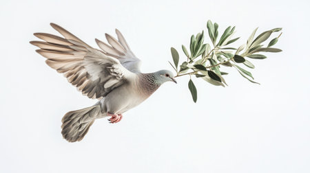 A graceful dove flies through the air, holding an olive branch in its beak, embodying the essence of peace and hope against a soft, serene background.の素材