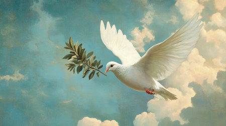 A serene white dove gracefully flies through a soft blue sky, clutching an olive branch. This image symbolizes peace and tranquility, perfect for concepts of harmony and hope.の素材