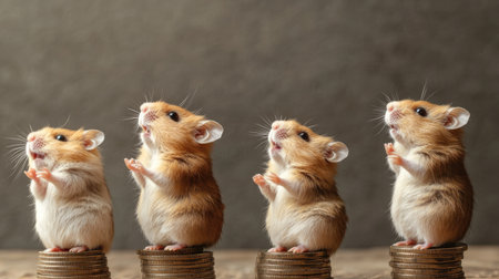 A charming scene of cute hamsters standing on coins in a row, showcasing their adorable features and expressive gestures, ideal for themes of finance and savings.の素材