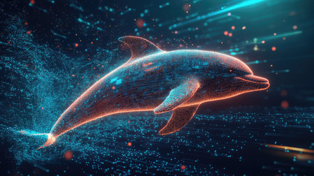 A stunning representation of a dolphin swimming through a digital ocean, illuminated by neon lights and vibrant colors, emphasizing technology and beauty in nature.の素材