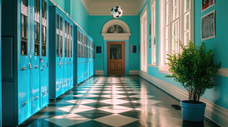 A vibrant school hallway featuring bright blue lockers, a soccer ball, and a stylish plant. The play of light and shadow enhances the cheerful atmosphere.の素材