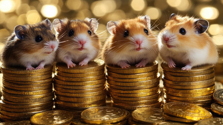Four adorable hamsters perched on stacks of shiny gold coins create a delightful scene. Perfect for themes of wealth, joy, and playful pets in photography.の素材