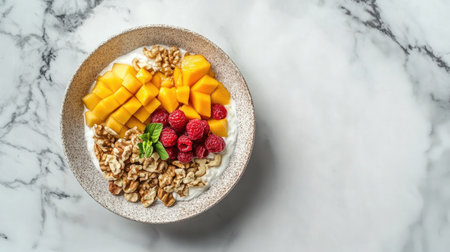 A vibrant yogurt bowl featuring fresh mango cubes, juicy raspberries, and crunchy walnuts, beautifully arranged on a marble surface, ideal for breakfast.の素材