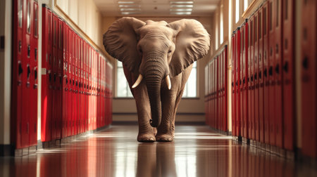 An elephant strolls confidently through a school hallway lined with bright red lockers, creating a whimsical contrast between nature and education.の素材
