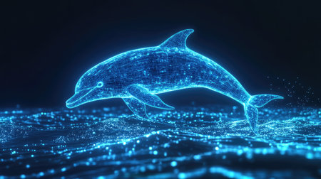 A stunning digital representation of a dolphin, appearing in bright neon blue. This illustration showcases a futuristic design, capturing the essence of marine life.の素材