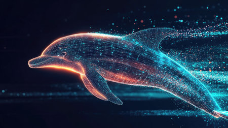 A stunning image of a dolphin depicted in a digital style with glowing neon effects, showcasing movement through a vibrant ocean environment, perfect for technology-themed projects.の素材