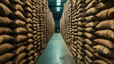 A beautifully organized view of numerous burlap sacks stacked in rows inside a warehouse. The image showcases a clean and efficient storage space utilized for various goods.の素材