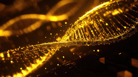 Abstract visualization of a luminous golden DNA structure, showcasing intricate details and dynamic waves. Perfect for science and technology themes.の素材
