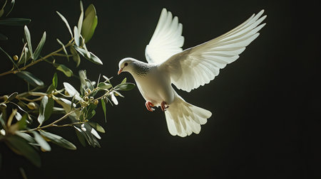 A stunning white bird gracefully flies near an olive tree branch, showcasing its beautiful wings. The soft light highlights the serene moment in nature.の素材