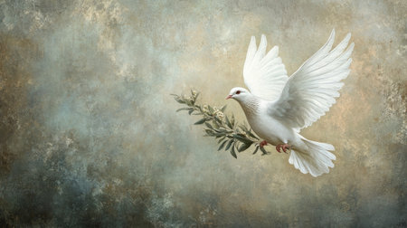 A stunning white dove in mid-flight, carrying an olive branch, symbolizes peace and hope. The soft background enhances its graceful motion and elegance.の素材