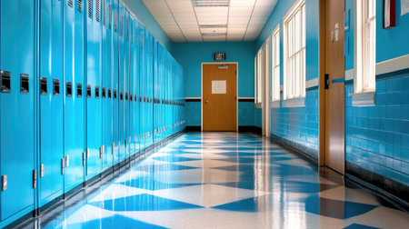 This image features a vibrant school corridor showcasing bright blue lockers and a polished floor with geometric patterns, ideal for themes of education and youth.の素材