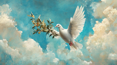 A serene white dove gracefully flies through a bright blue sky, carrying an olive branch. This evocative image symbolizes peace, harmony, and hope in nature.の素材