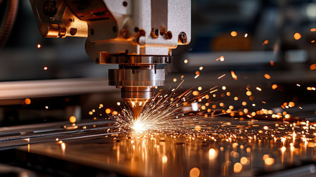 Close-up view of a laser cutting machine at work, producing vibrant sparks in an industrial setting. The image highlights precision and technology in metal fabrication.の素材