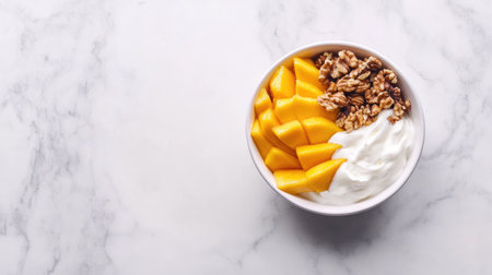 A vibrant bowl filled with fresh mango slices, creamy yogurt, and crunchy granola, beautifully arranged on a marble surface, perfect for a healthy breakfast or snack.の素材