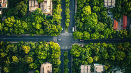 This aerial photograph captures an urban intersection bordered by vibrant green trees, illustrating the balance between nature and city living, emphasizing greenery in urban spaces.の素材