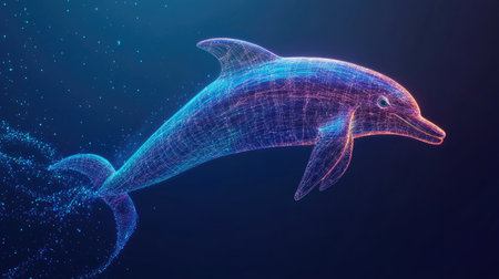 This stunning digital artwork features a dolphin gracefully swimming through a vibrant ocean, showcasing a blend of abstract design and modern technology in a colorful display.の素材