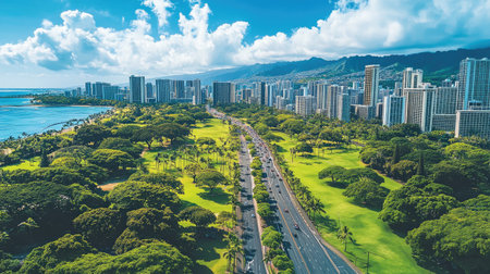 Explore a stunning aerial view of Honolulu, showcasing a vibrant urban landscape with lush green parks, palm trees, and a beautiful coastline in the background.の素材