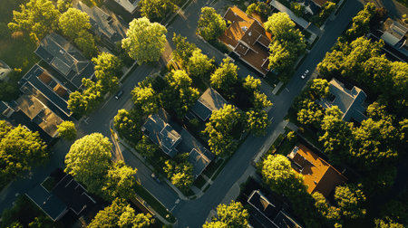 Captivating aerial view of a serene suburban neighborhood, showcasing beautiful homes nestled amidst lush greenery and vibrant trees under warm sunlight.の素材