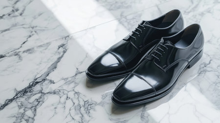 A pair of elegant black dress shoes are placed on a luxurious marble floor. The polished finish and classic design make them ideal for formal occasions or business attire.の素材